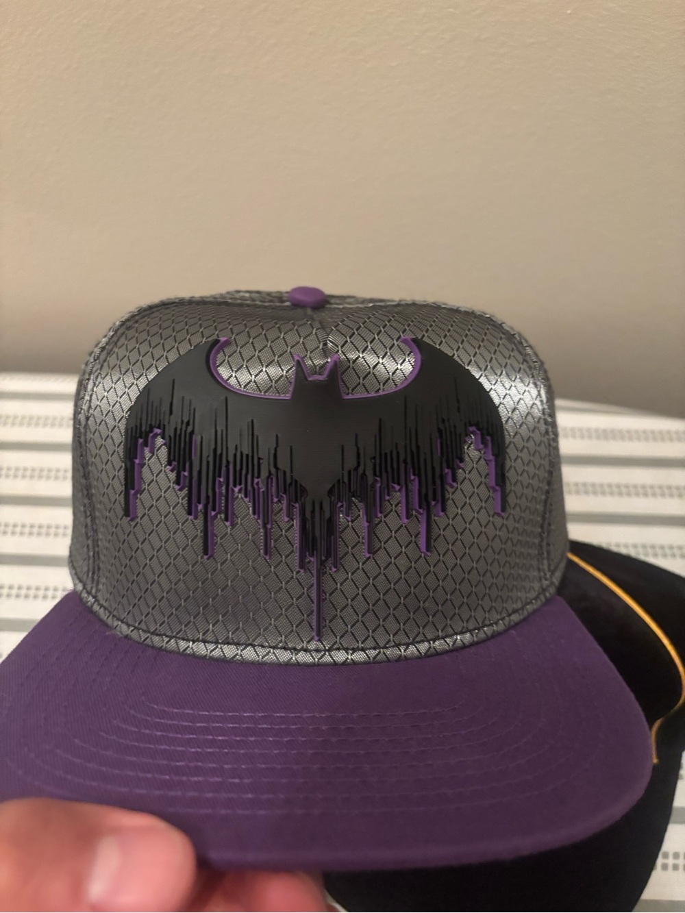 Batman Arkham Knight Dripping Bat Logo Snapback Hat Purple Gra  Purple and Gray